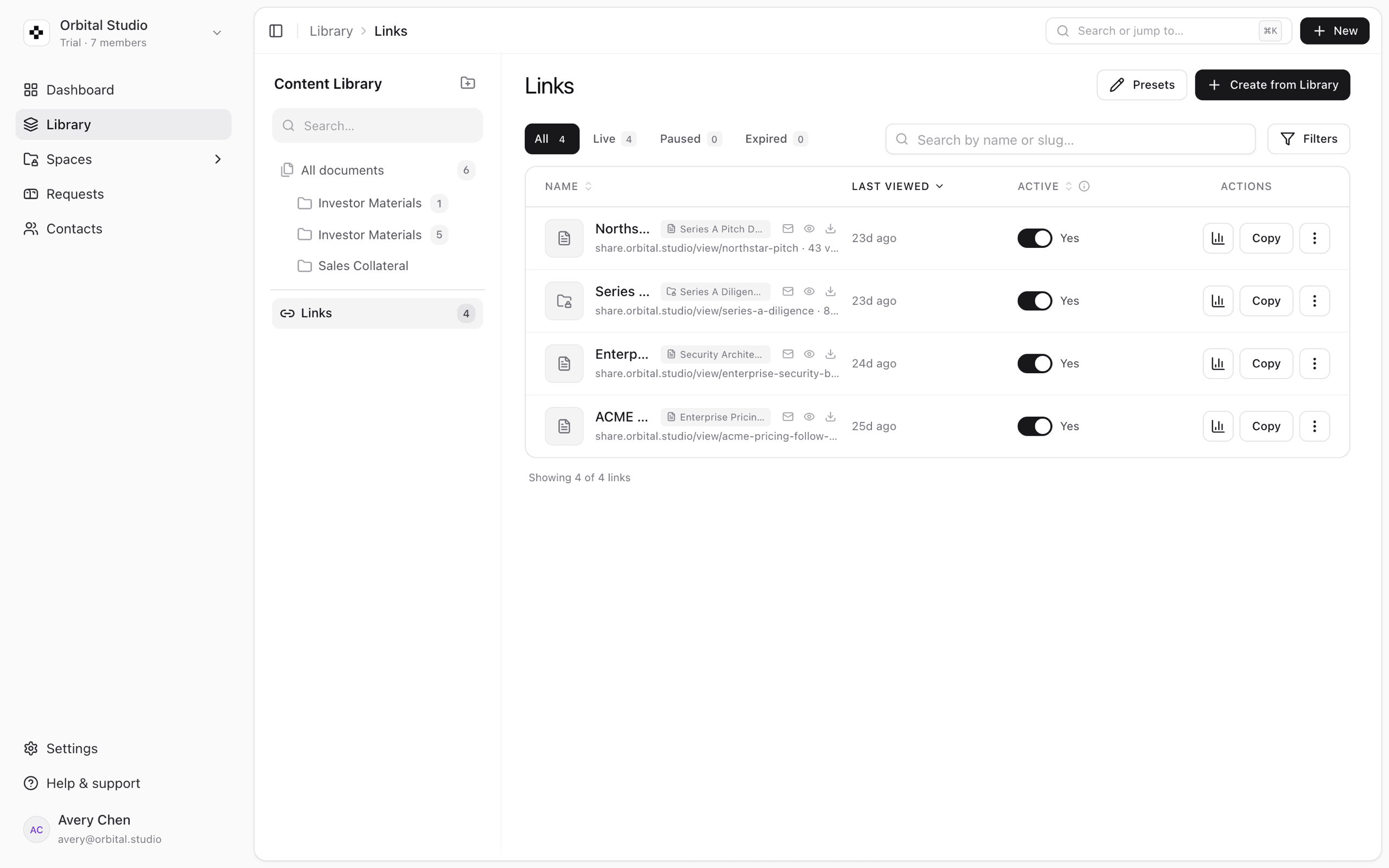 Tracked share links with per-link view counts, last viewed, and active state