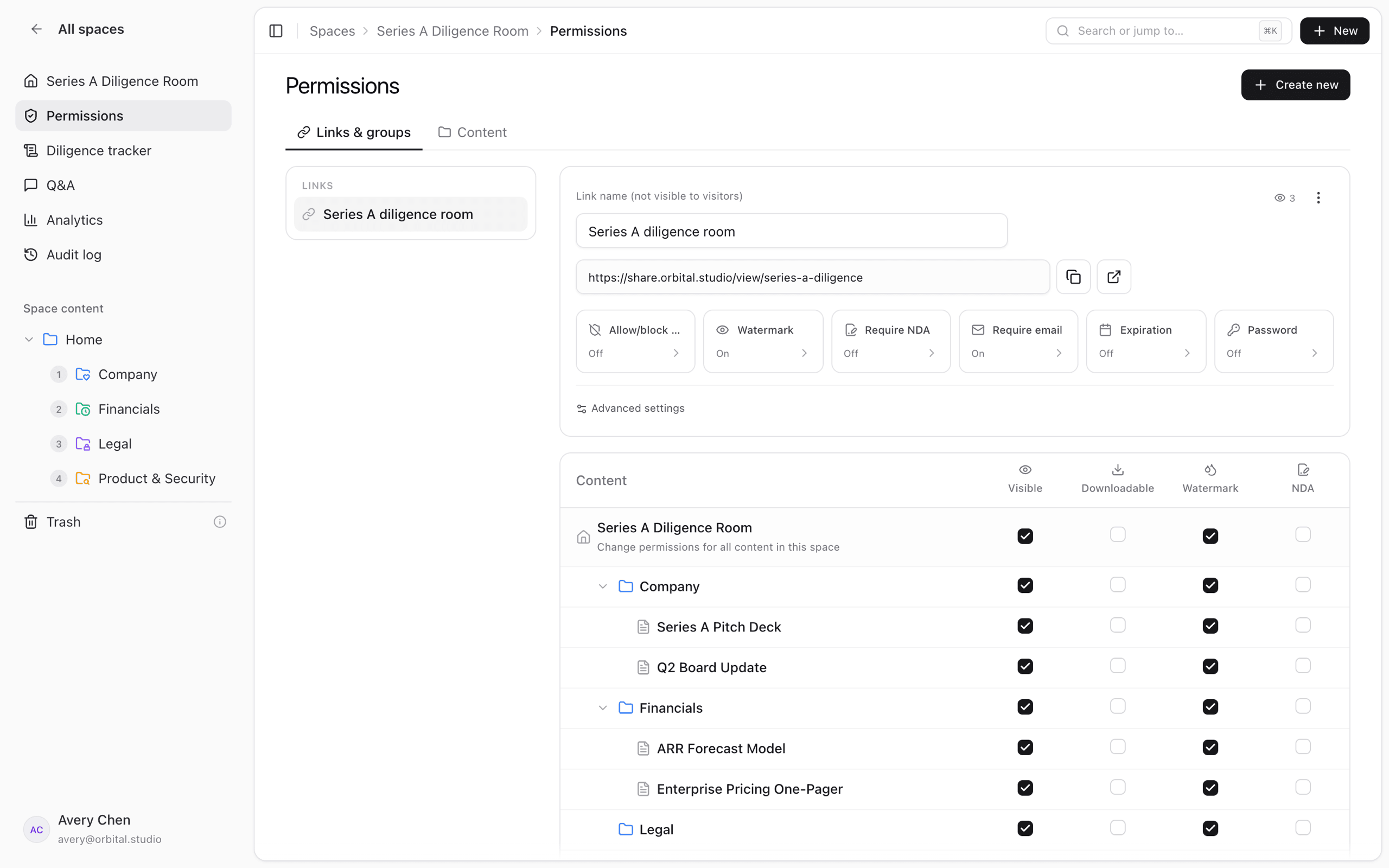 Access controls on a share link - watermark, NDA, email gate, expiry